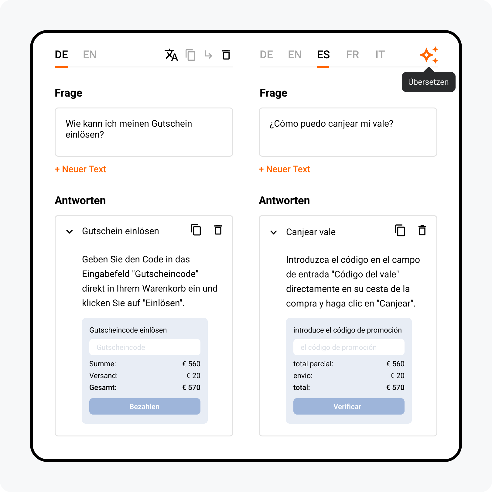 Knowledge base translate feature