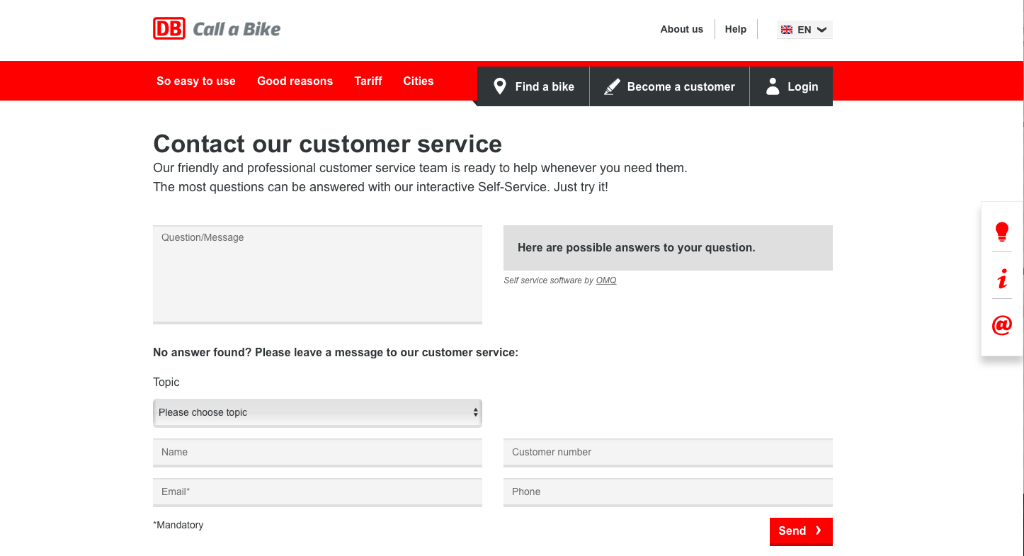 Website des Kundenservice DB Connect als Beispiel dient Call a Bike Kundenservice DB Connect