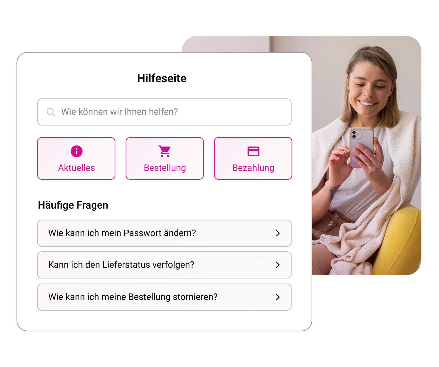 Frau die ein Smartphone nutzt, um FAQs zu lesen