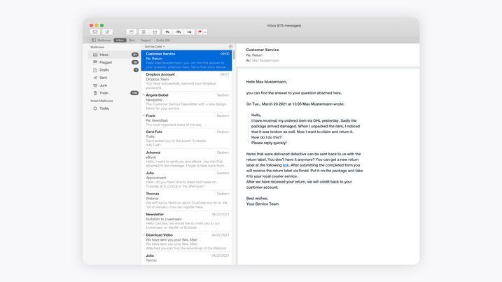 OMQ Reply answering questions in the inbox automatically. 7. tip for de-escalation: Replace long waiting times with a smart email bot
