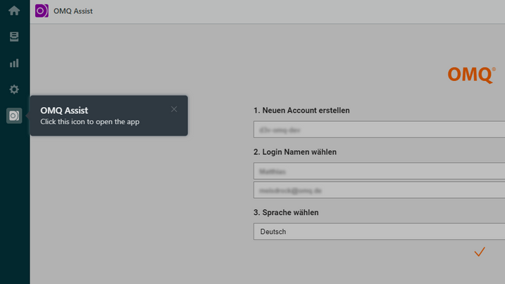 The OMQ Assits form for creating a new account opens.