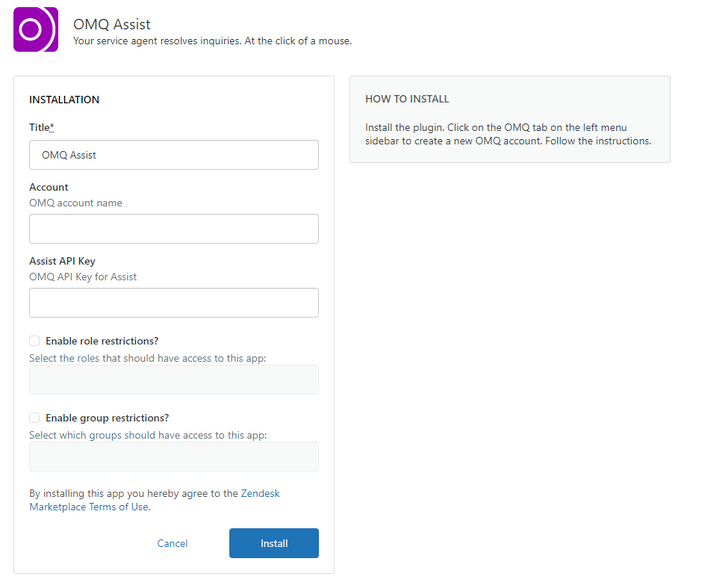 OMQ Assit installation form - fill in API key and account name