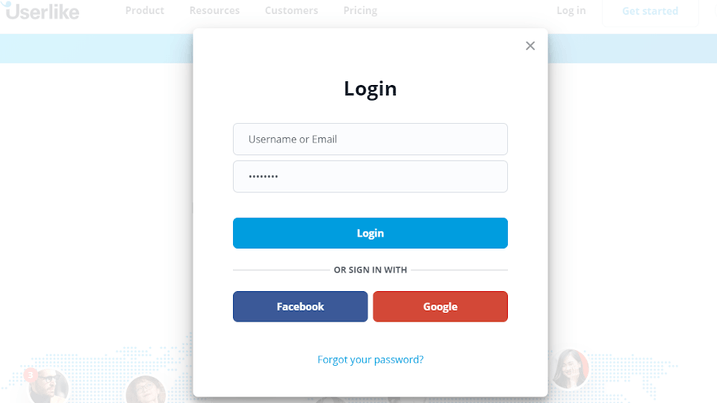 Login area for the userlike account