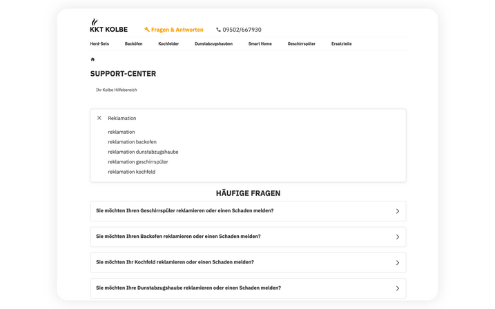The OMQ Help autocomplete function guides customers directly to the right solution. Autocomplete OMQ Help on the help page of KKT KOLBE