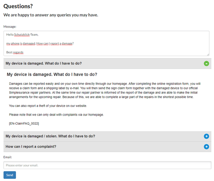 Contact page of protection click (simplesurance) and contact form
