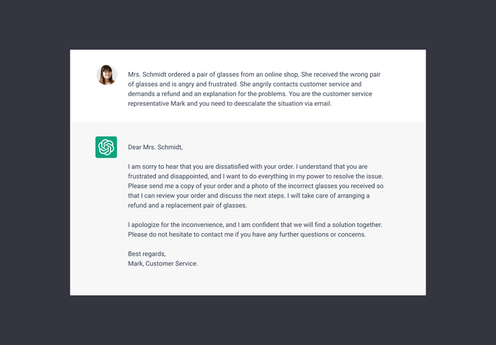 ChatGPT independently formulates an email response for the customer service. ChatGPT independently formulates an email response for the customer service.