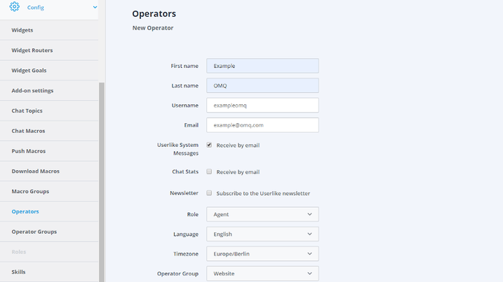 Fill out new Operator form
