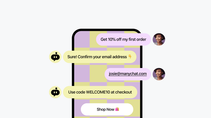 ManyChat example for chat communication. Source: ManyChat Chat communication with the ManyChat chatbot displaying discount codes in exchange for email address