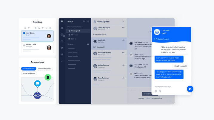 Ticket system and live chat at Tidio. Source: Tidio Overview of Tidio's platform with ticket system and live chat