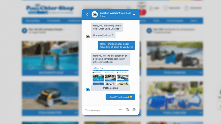 Example chat at Pool Chlor Shop with the OMQ chatbot based on artificial intelligence. Pool Chlor Shop Chat with Intelligent AI Chatbot