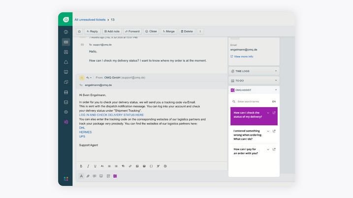 OMQ Assist automatically creates appropriate responses in the Freshdesk ticket system. OMQ Assist automatically creates appropriate responses in the Freshdesk ticket system