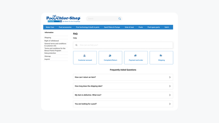 Self-service at Pool Chlor Shop with the intelligent help page OMQ Help. Smart help page in self service