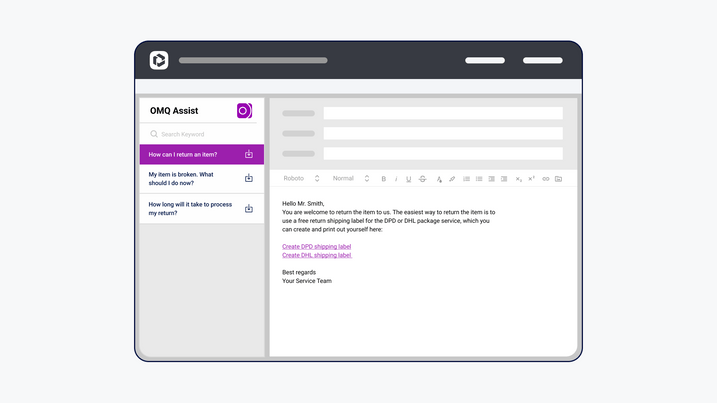 The ticket assistant OMQ Assist suggests suitable responses in the e-mail inbox. OMQ Assist intelligent ticket assistant with AI