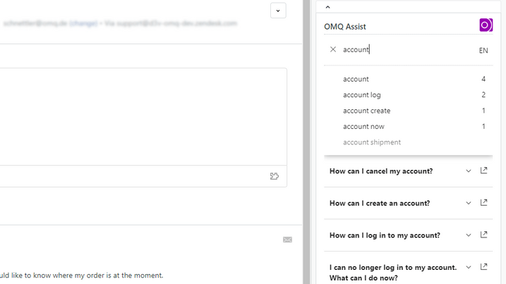 OMQ Assist - The search function finds entries for a specific topic.