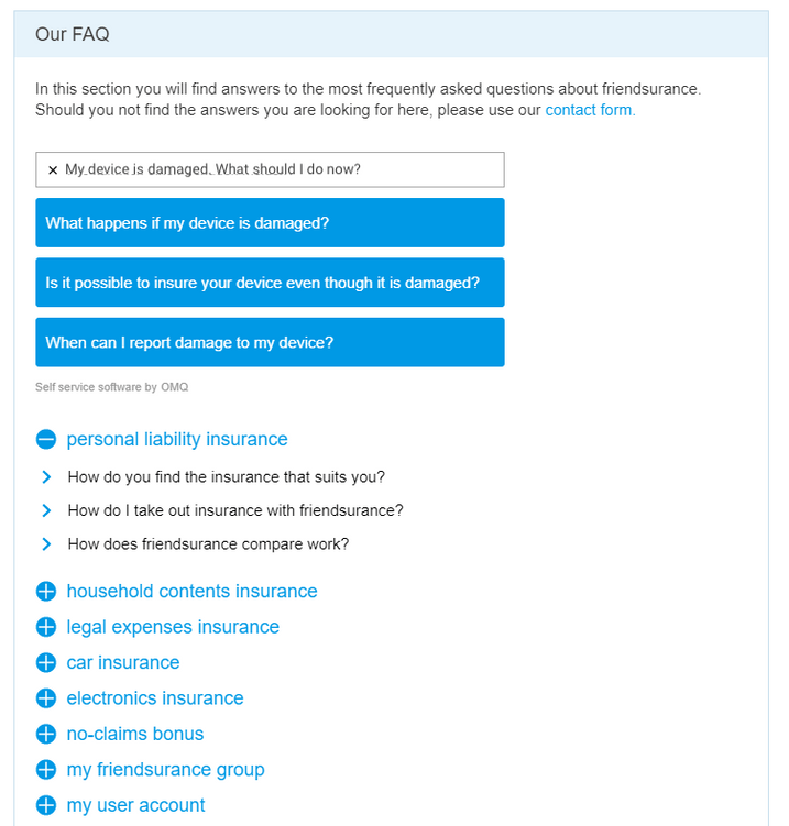 Help page and FAQ with sample question from Friendsurance