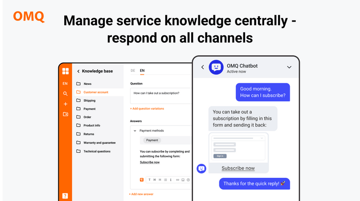Service knowledge can be managed centrally and thus be used in every customer service channel. Knowledge management in centralized knowledge base example help page and chatbot